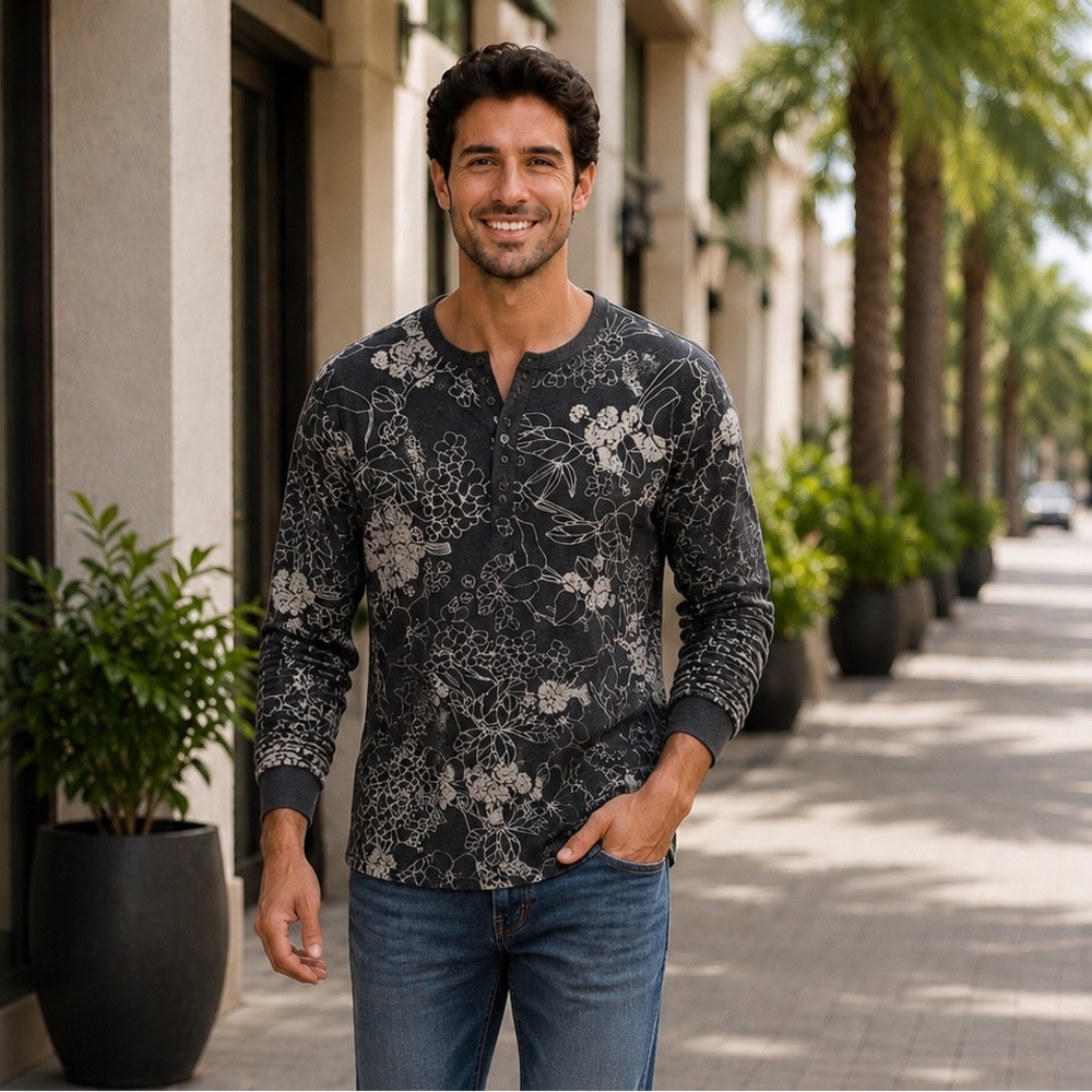 BONOBOS Henley Shirt Men XL Long Sleeve Tropic Floral Resort Weekend Casual Gray
